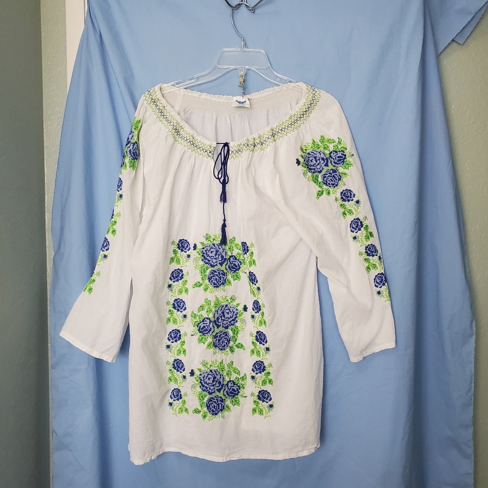 Shubham White Boho Blouse  Smocked Drawstring Off Shoulder Neck Ebroidered  XL